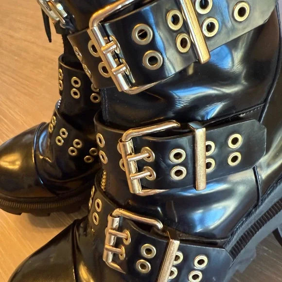 Alice + Olivia Black Moto Boots with Gold Buckles - Picture 5 of 7